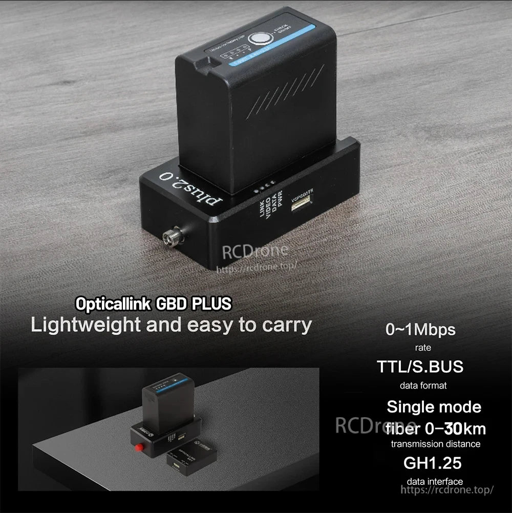 FPV Optical Fiber Extender, Opticallink GBD PLUS: lightweight optical link, 0-1Mbps, TTL/S.BUS, single-mode fiber up to 30km, GH1.25 interface.