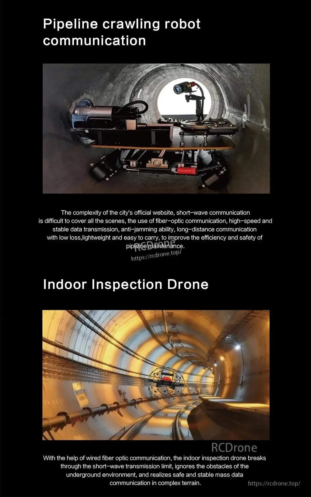 FPV Optical Fiber Relayer, Pipeline robots and indoor drones use fiber-optic communication for fast, stable, long-distance data transmission, enabling reliable, safe inspections in complex underground environments with minimal signal loss.