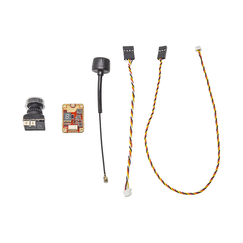 ATOMRC TX800 VTX kit components: FPV camera, VTX board, antenna, and wiring harnesses