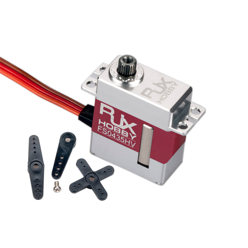 RJX FS0435HV micro servo with metal case, 3-wire lead, output spline, and included servo horns