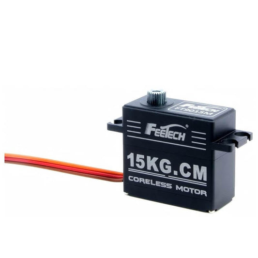 FEETECH FT9015M Servo, FEETECH FT9015M servo motor with digital coreless design, metal gear, and aluminum case, suitable for robotics and automation applications.