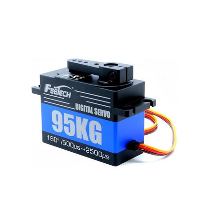 FEETECH FT995M Servo, FEETECH 95KG digital servo with 180° range, steel gears, aluminum case, 6–9V PWM, 500–2500μs pulse width, and 15T spline for high-torque applications.