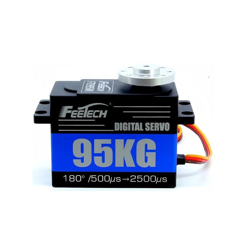 FEETECH FT995M Servo, FEETECH 95KG digital servo with steel gears, aluminum case, 180° range (500–2500μs), 6–9V PWM input, and 15T spline.