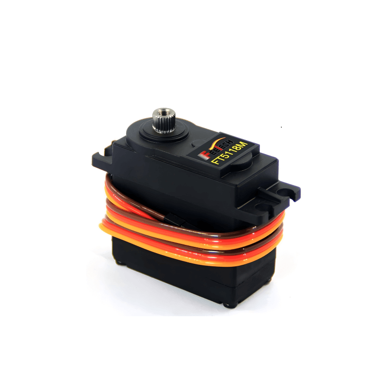 موتور سروو FEETECH FT5118M، ولتاژ ۴ تا ۸.۴ ولت، چرخ‌دنده فولادی، بلبرینگ، شفت ۲۵T/۵.۹ میلی‌متر، گشتاور اوج ۱۷.۵ کیلوگرم‌سانتی‌متر در ۶ ولت