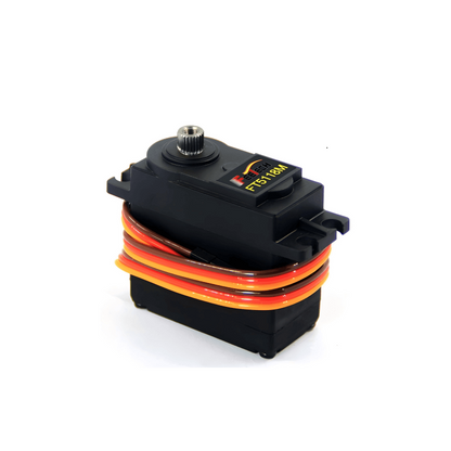 موتور سروو FEETECH FT5118M، ولتاژ ۴ تا ۸.۴ ولت، چرخ‌دنده فولادی، بلبرینگ، شفت ۲۵T/۵.۹ میلی‌متر، گشتاور اوج ۱۷.۵ کیلوگرم‌سانتی‌متر در ۶ ولت