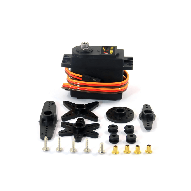 موتور سروو FEETECH FT5118M، ولتاژ ۴ تا ۸.۴ ولت، چرخ‌دنده فولادی، بلبرینگ، شفت ۲۵T/۵.۹ میلی‌متر، گشتاور اوج ۱۷.۵ کیلوگرم‌سانتی‌متر در ۶ ولت