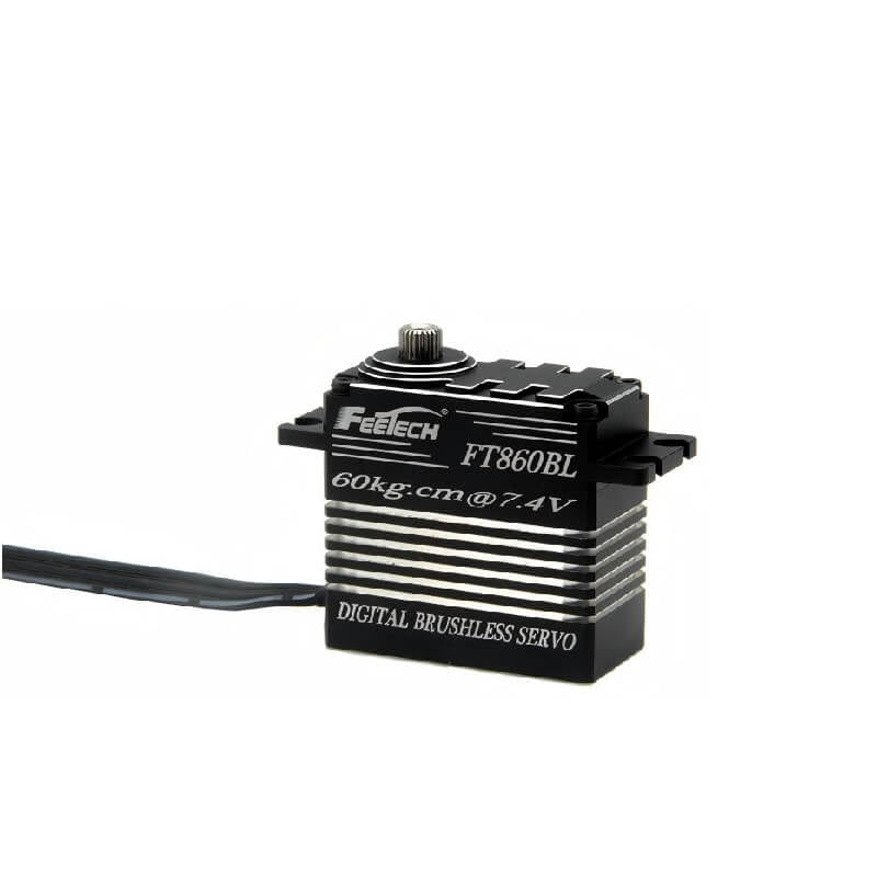 FEETECH FT860B Servo, FEETECH FT860BL digital brushless servo delivers 60kg.cm torque at 7.4V, up to 70kg.cm peak at 8.4V, with steel gears, 180° travel, and 25T spline, compatible with 6–9V systems.