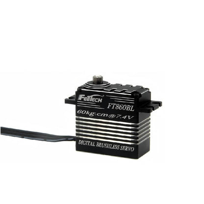 FEETECH FT860B Servo, FEETECH FT860BL digital brushless servo delivers 60kg.cm torque at 7.4V, up to 70kg.cm peak at 8.4V, with steel gears, 180° travel, and 25T spline, compatible with 6–9V systems.