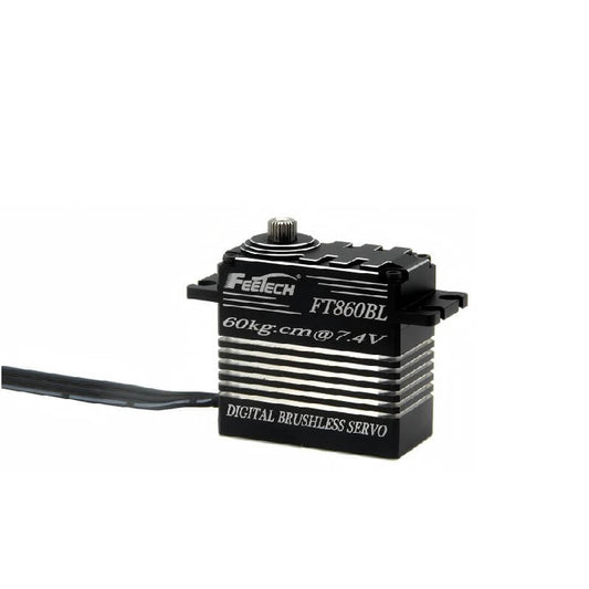 FEETECH FT860B Servo, FEETECH FT860BL digital brushless servo delivers 60kg.cm torque at 7.4V, up to 70kg.cm peak at 8.4V, with steel gears, 180° travel, and 25T spline, compatible with 6–9V systems.