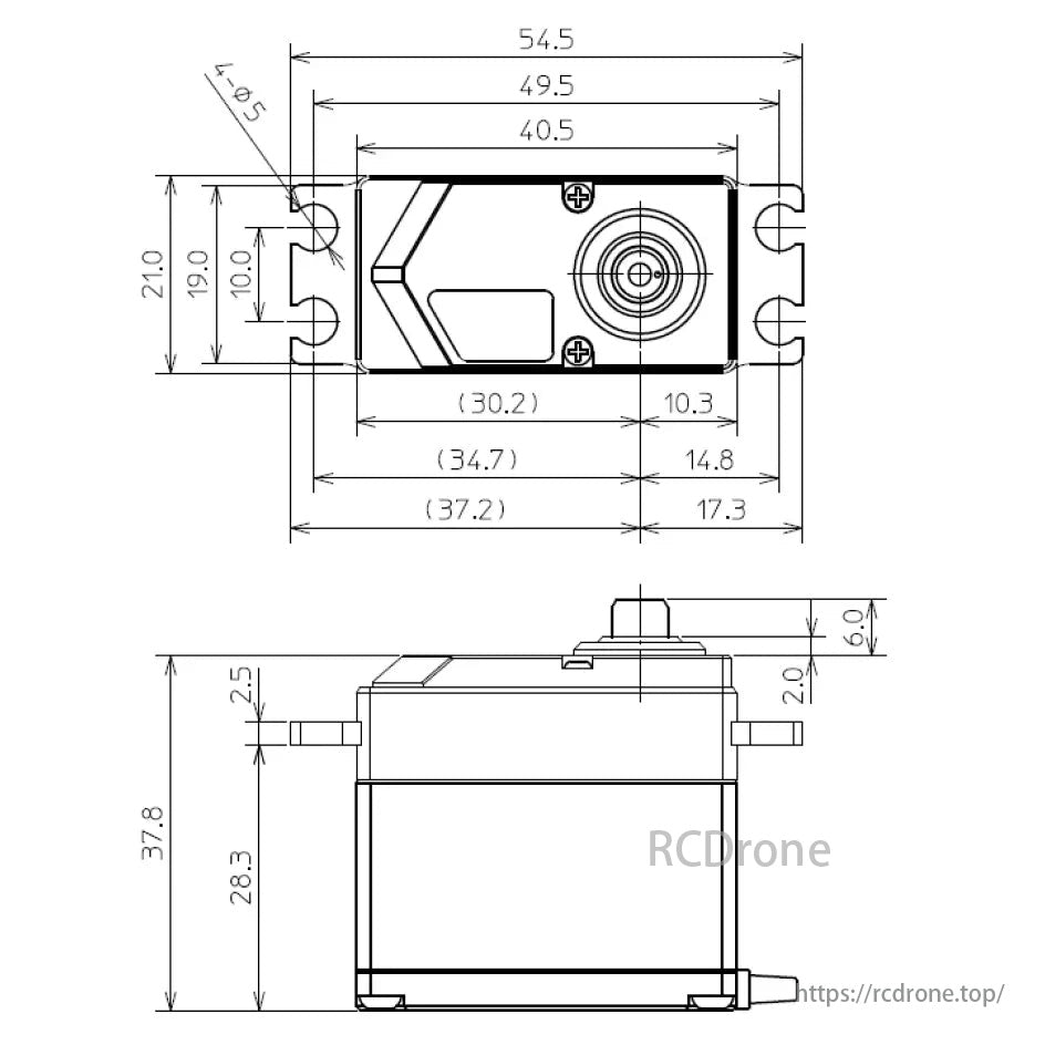 Futaba HPS-701 Brushless Servo, Servo motor dimensions: 54.5 x 21.0 mm, featuring multiple mounting holes and connectors.