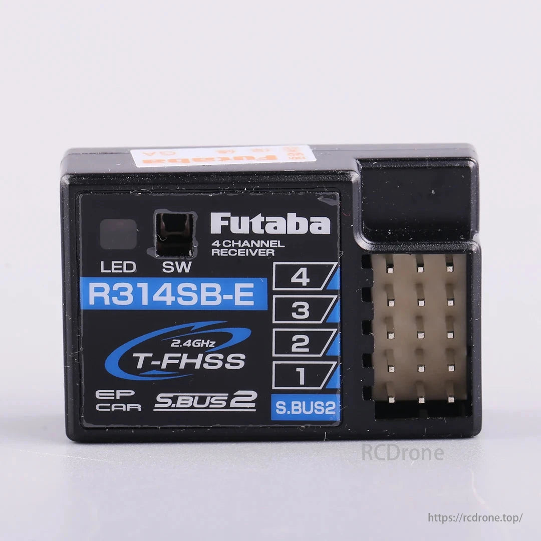 The Futaba R314SB/R314SB-E receiver features 4 channels, 2.4GHz T-FHSS technology, compact design, LED indicator, and support for S.BUS and R/C Drone protocols.