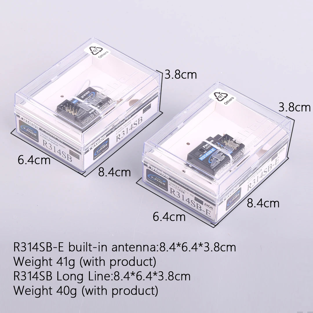 Futaba R314SB Receiver, Futaba R314SB/R314SB-E receiver measures 8.4 x 6.4 x 3.8cm, weighs 41g or 40g without packaging.