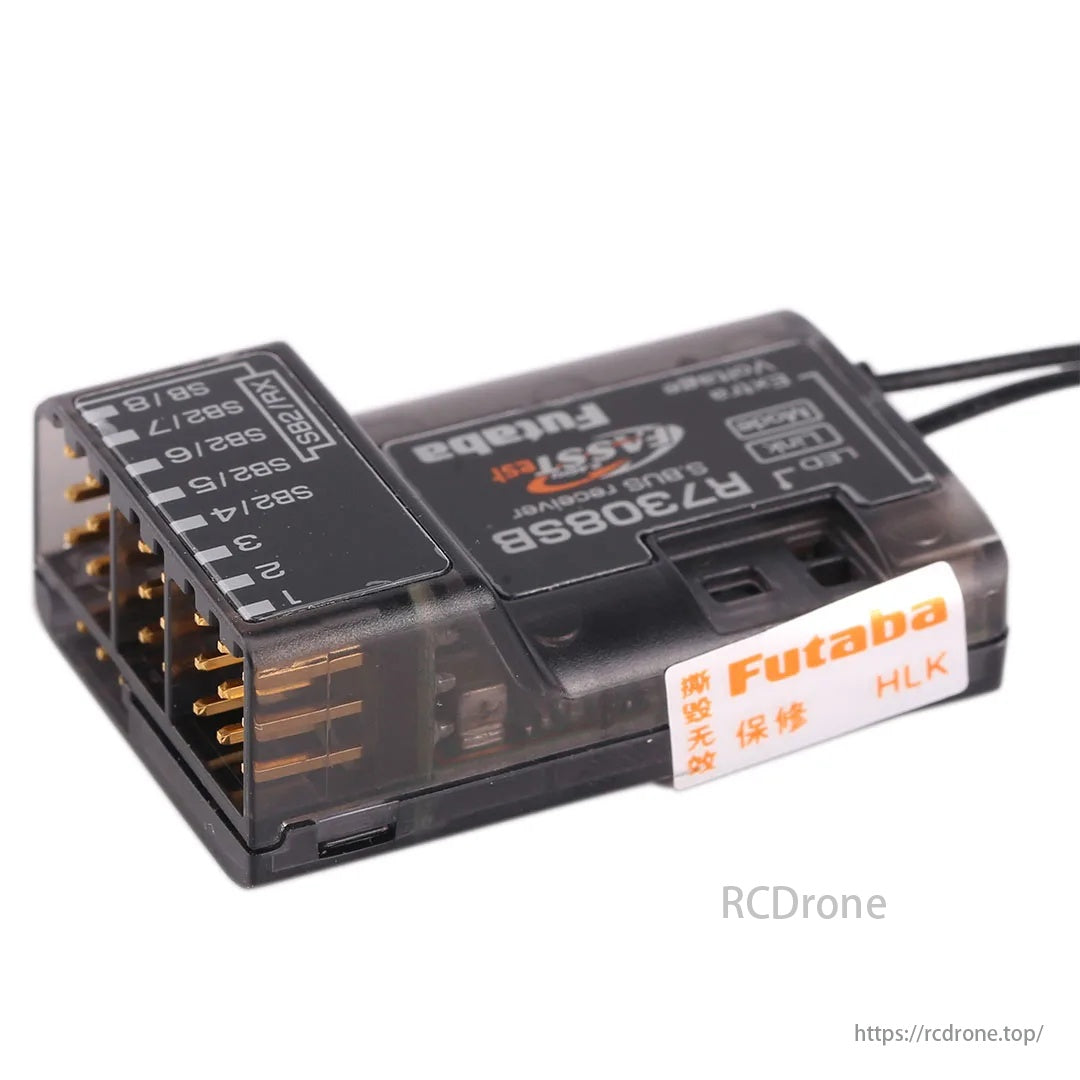 Futaba R7308 SB Receiver, A versatile power supply with voltage range 3.5-8.4V and battery fail-safe feature for adjustable power output.