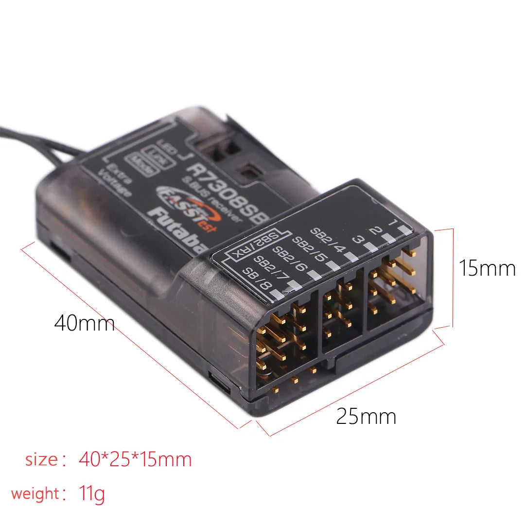 Futaba R7308 SB Receiver, A high-end 2.4GHz receiver for remote-controlled models, featuring 8 channels, high-gain antenna, and S.BUS compatibility.