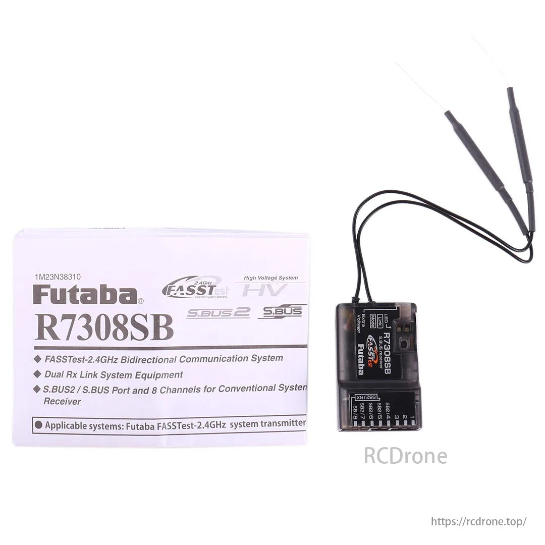 Futaba R7308 SB Receiver, Futaba R7308SB receiver for 2.4GHz FASSTest system with high gain antenna and S.BUS compatibility.