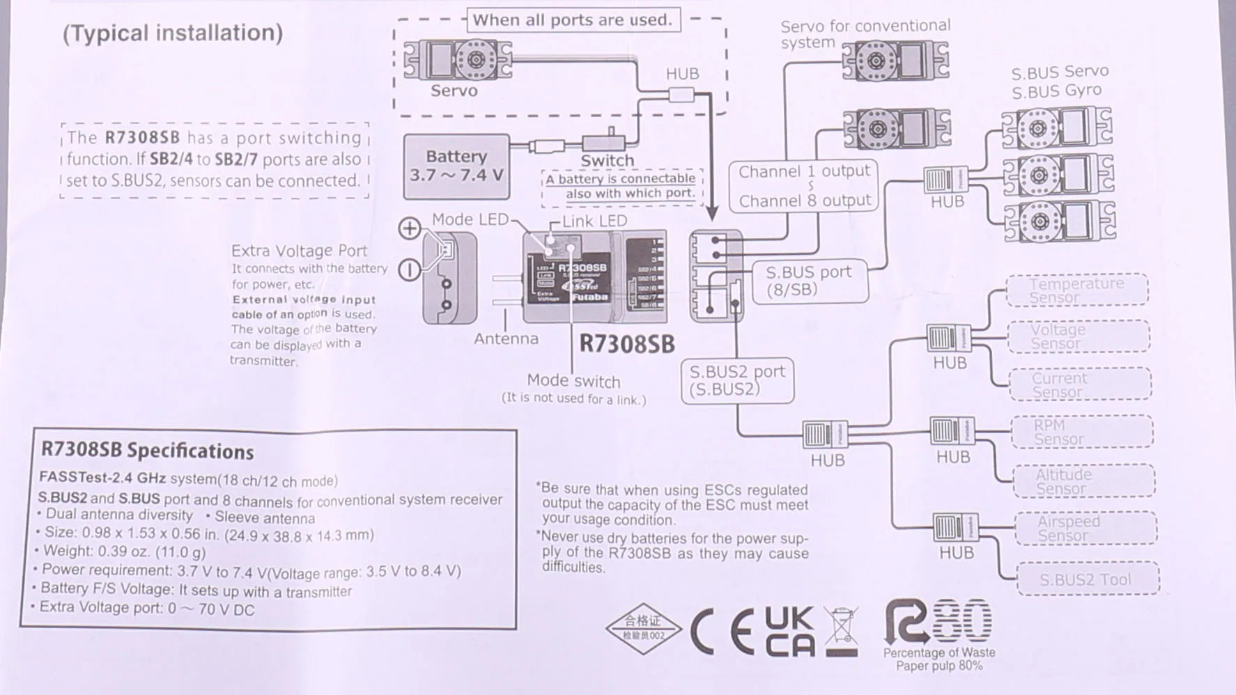 Futaba R7308 SB Receiver, Futaba R7308SB is an 8-channel receiver with high-gain antenna and S.Bus technology, supporting sensors and operating with a 3.5V-8.4V voltage range.