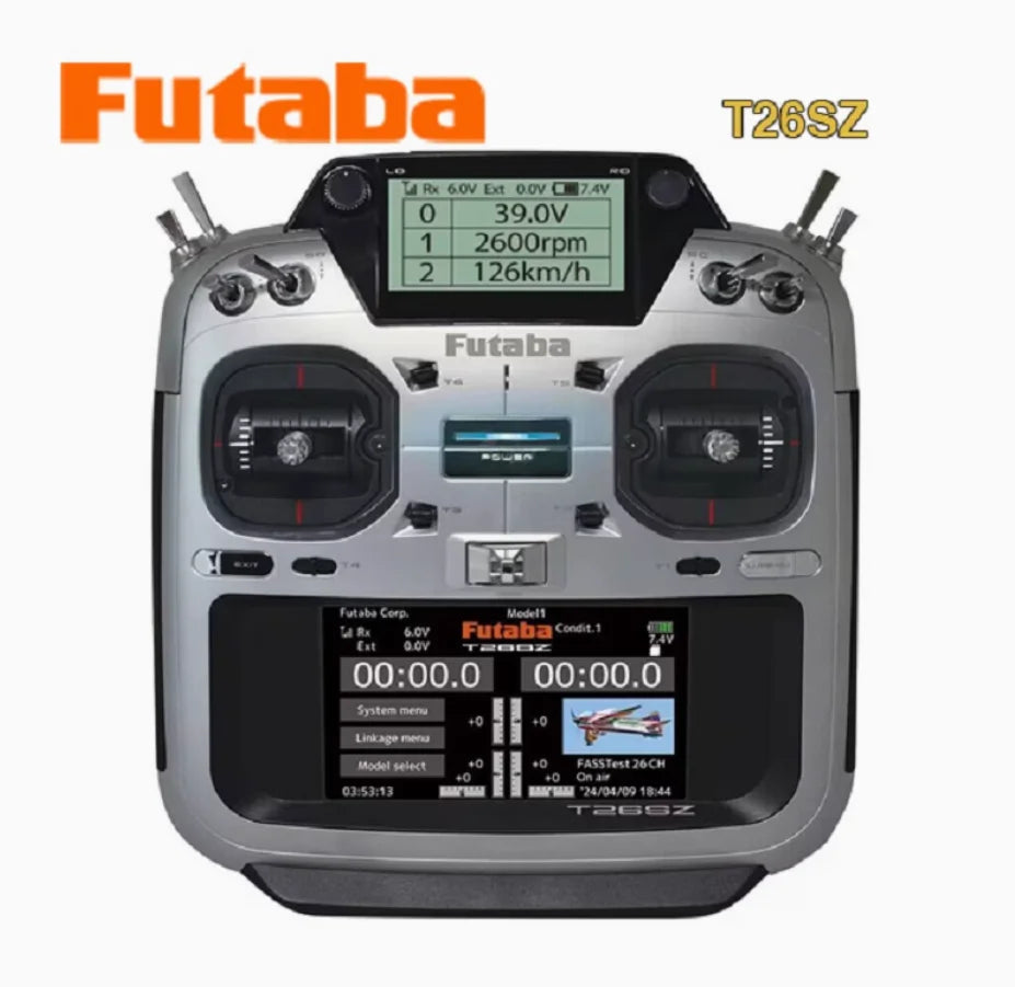 Futaba T26SZ transmitter features HR L motor. 7.4V/39V power. and 2 channels for high-speed control.