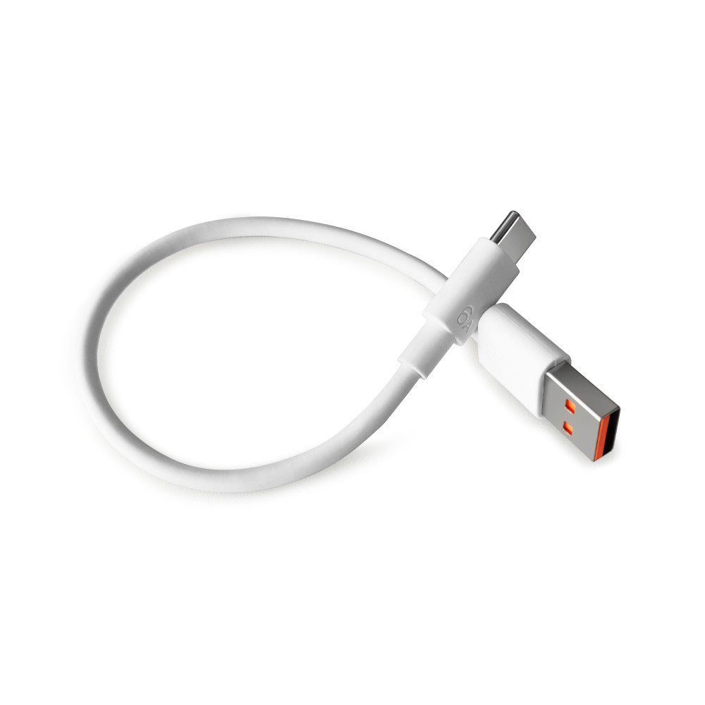 6A USB-A to USB-C Super Fast Charging Cable, Short white USB-A to USB-C cable with "6A" marking on the connector and orange USB-A insert