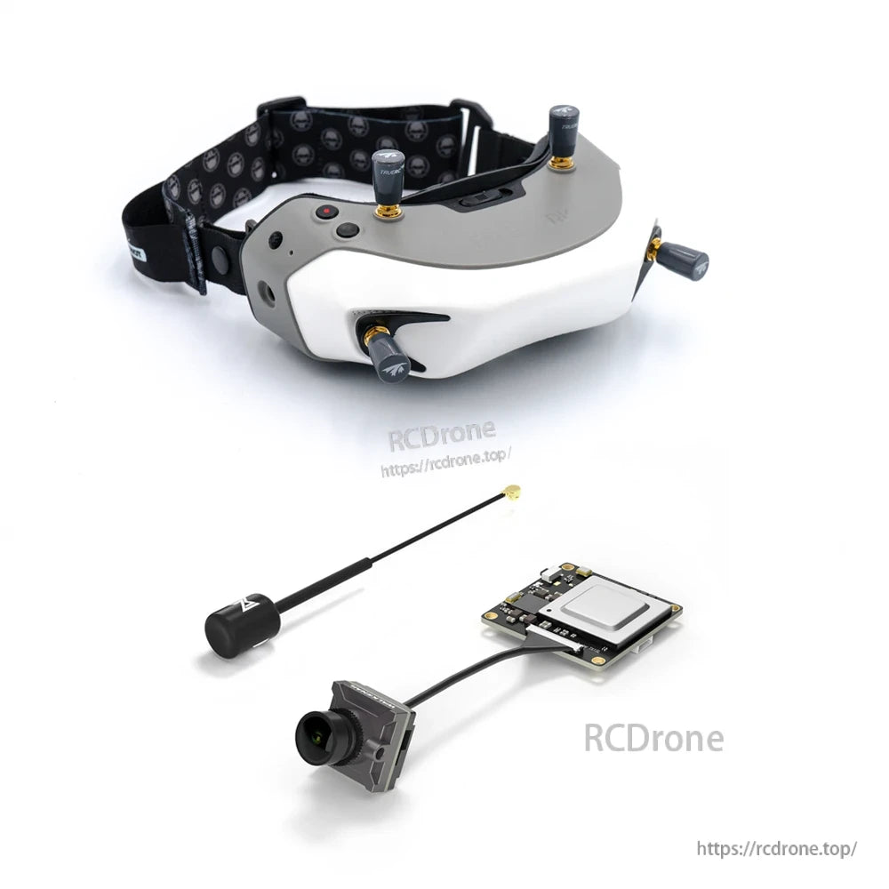Goggles shown with single whip antenna plus FPV camera and transmitter board components