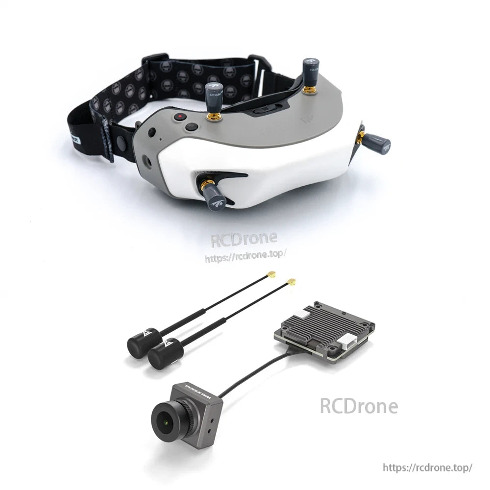 Goggles kit with two whip antennas, finned transmitter module and FPV camera included