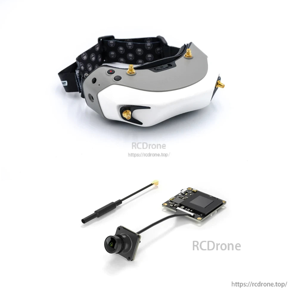 Accessory close-up: long whip antenna, FPV camera on cable and square transmitter board module