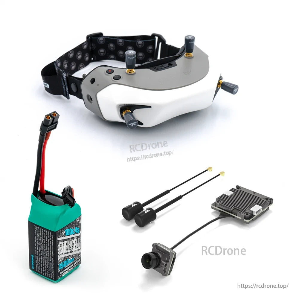 Complete kit layout with goggles, battery, dual whip antennas, FPV camera and finned transmitter module
