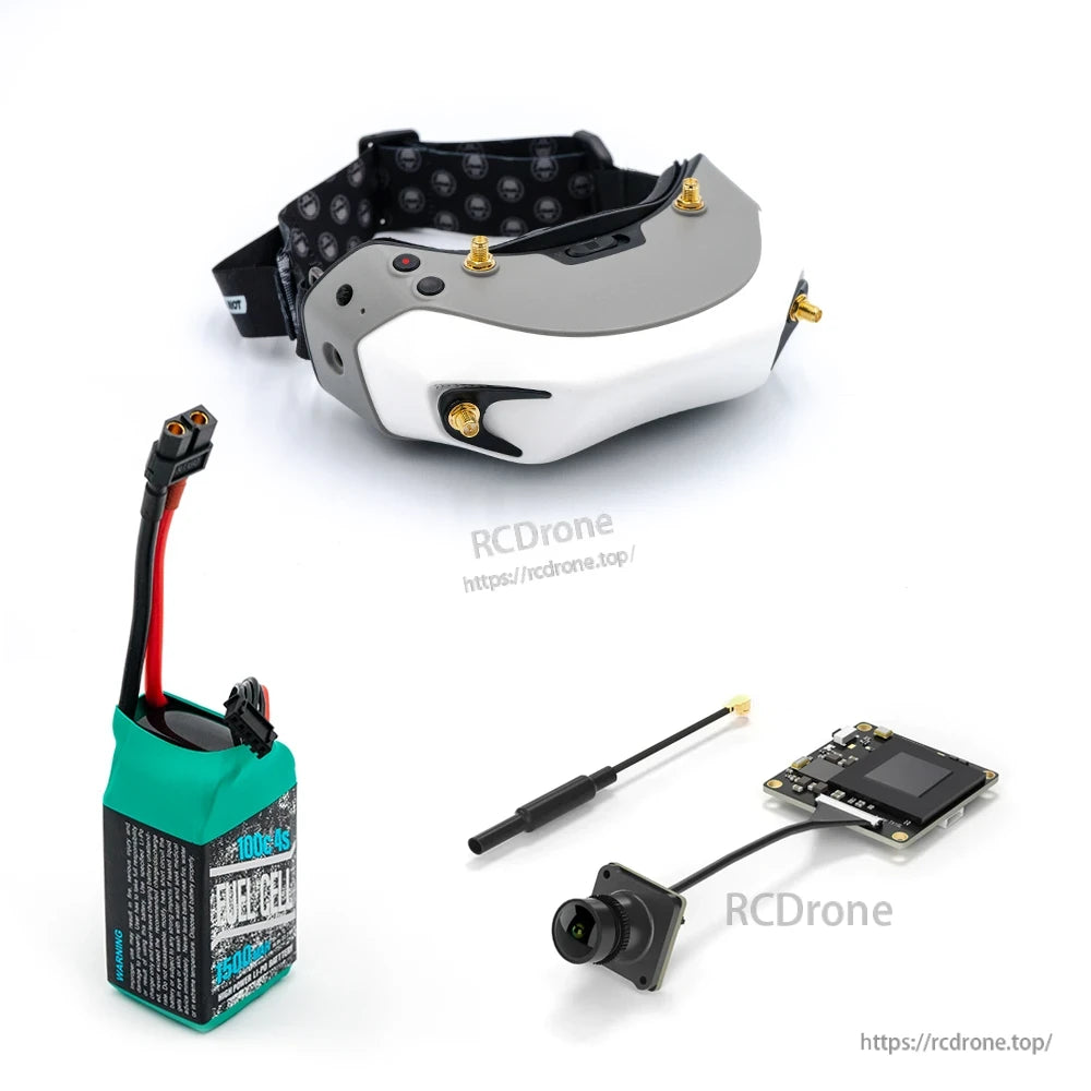 Goggles with battery pack, long whip antenna, FPV camera and square transmitter board module