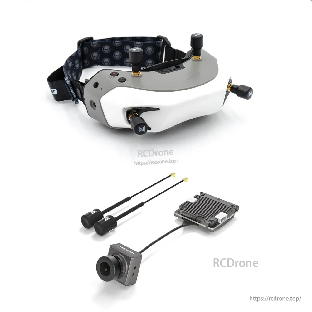 Goggles with FPV camera, transmitter board and two whip antennas shown as included components