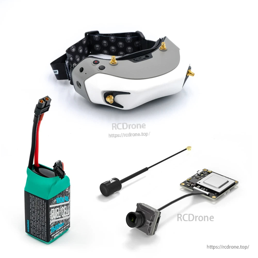 Goggles shown without screw-on antennas; includes battery pack, whip antenna, FPV camera and transmitter board