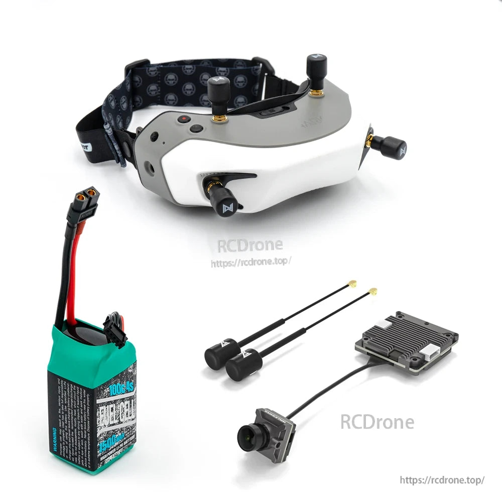 Fat Shark Dominator HD Goggle kit overview with battery, dual antennas, FPV camera and transmitter module