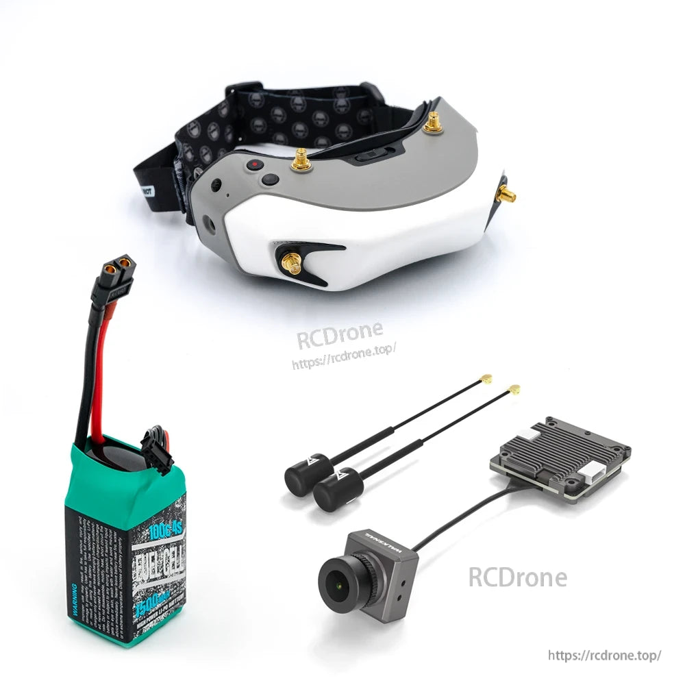 Kit overview with goggles (no antennas attached), battery pack, dual whip antennas, camera and finned module