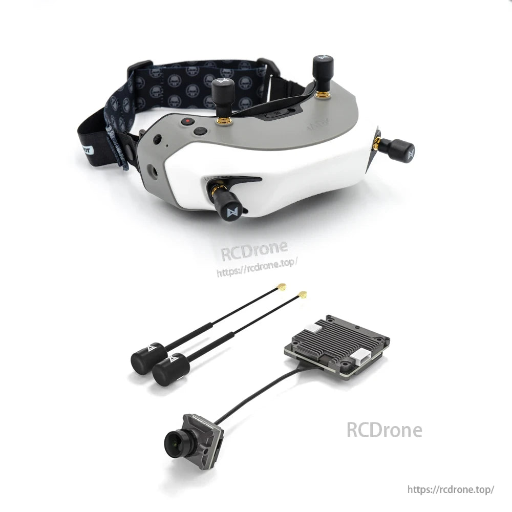 Goggles with dual whip antennas, finned transmitter module and FPV camera on cable