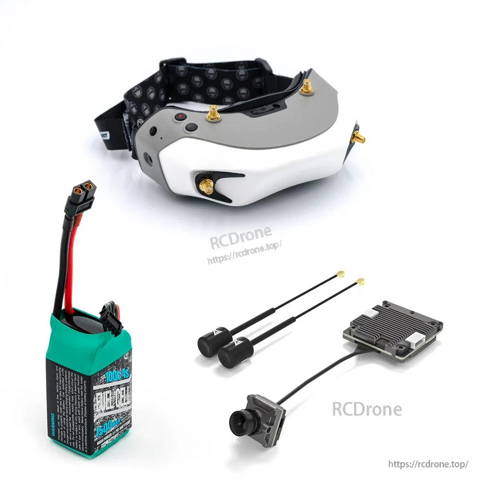 Full kit layout with goggles (no antennas attached), battery pack, dual whip antennas, FPV camera and finned module