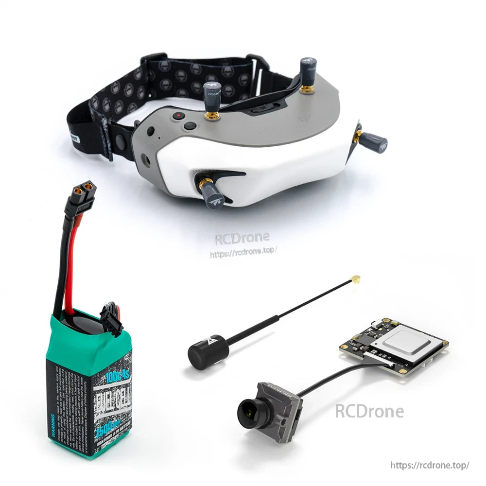 Bundle view with goggles, battery pack, single whip antenna, FPV camera and transmitter board