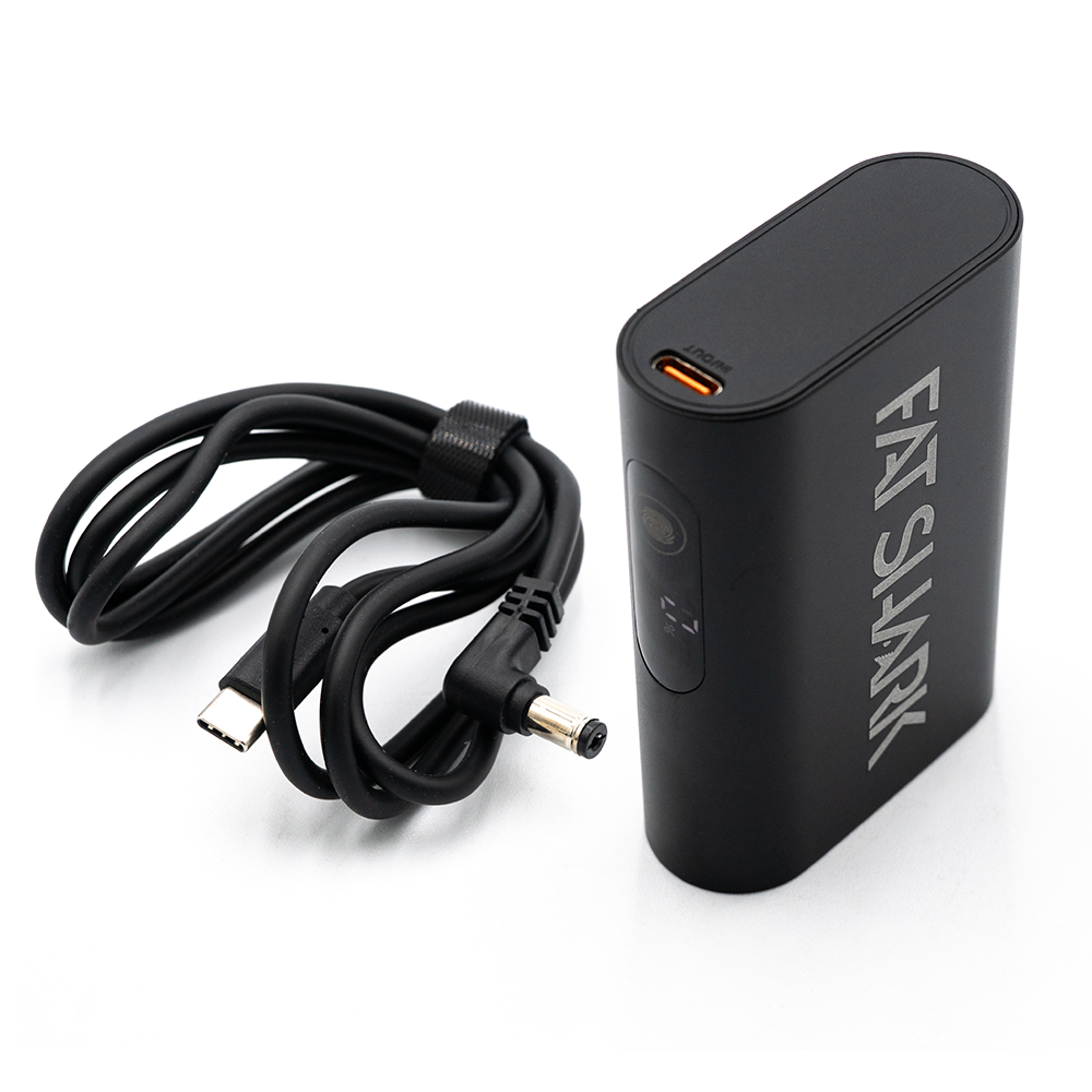 Fat Shark goggle battery power bank with USB-C output port and USB-C to barrel power cable