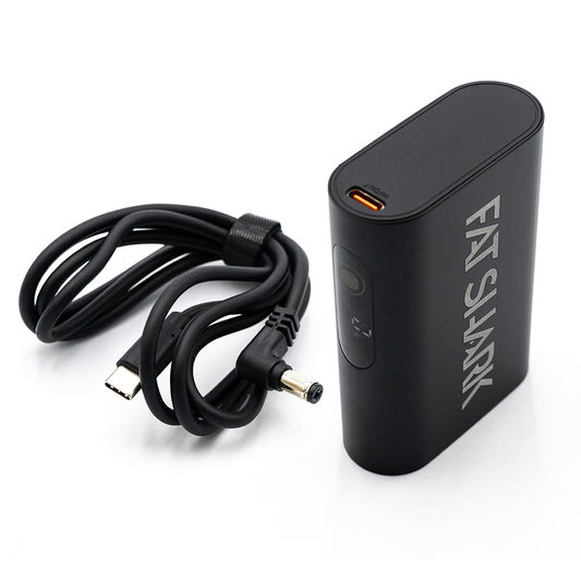 Fat Shark goggle battery power bank with USB-C output port and USB-C to barrel power cable