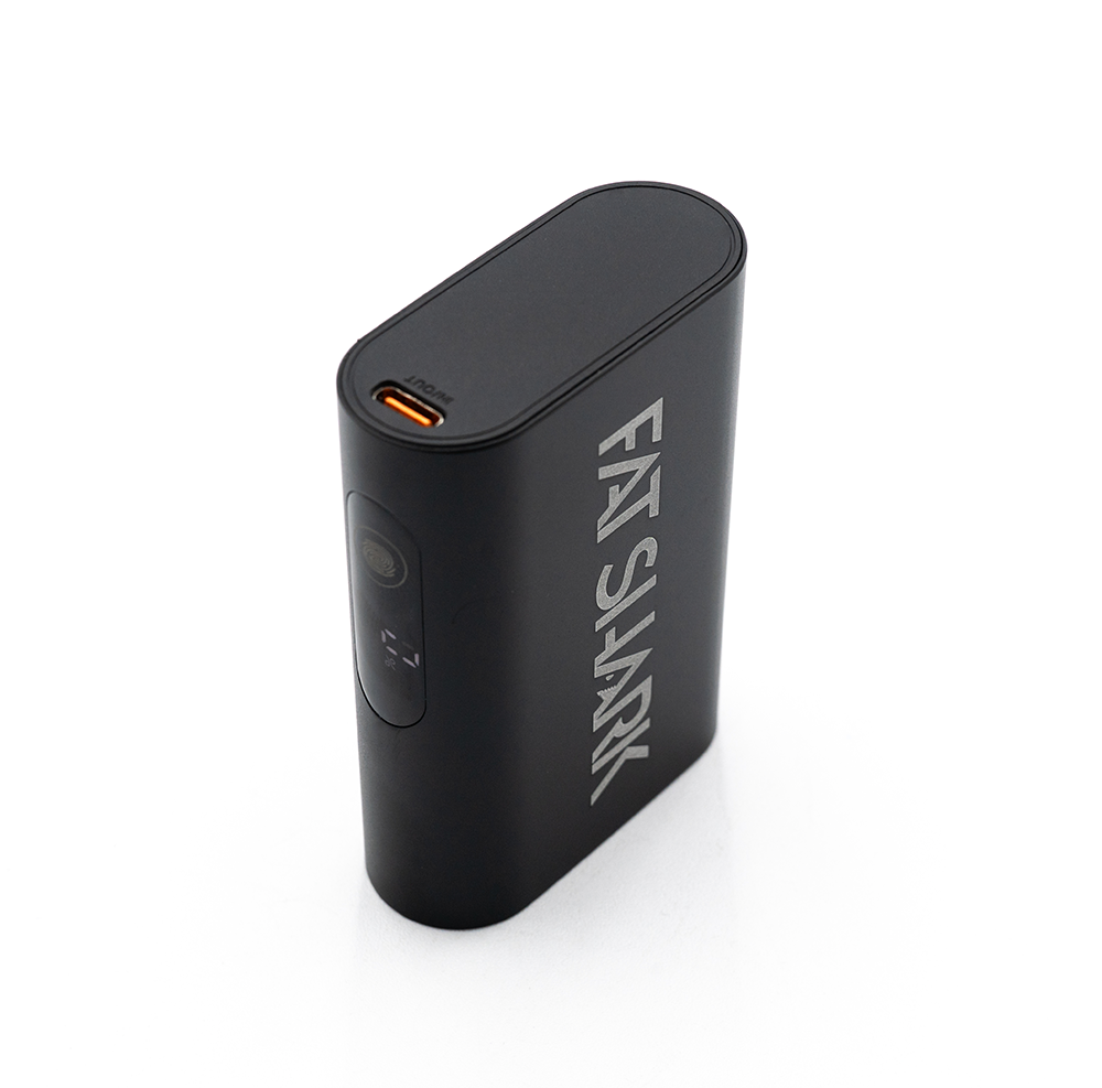 Fat Shark goggle battery angled side view showing USB-C OUT port on top and logo body