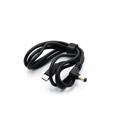 USB-C to DC barrel power cable included, coiled with Velcro strap