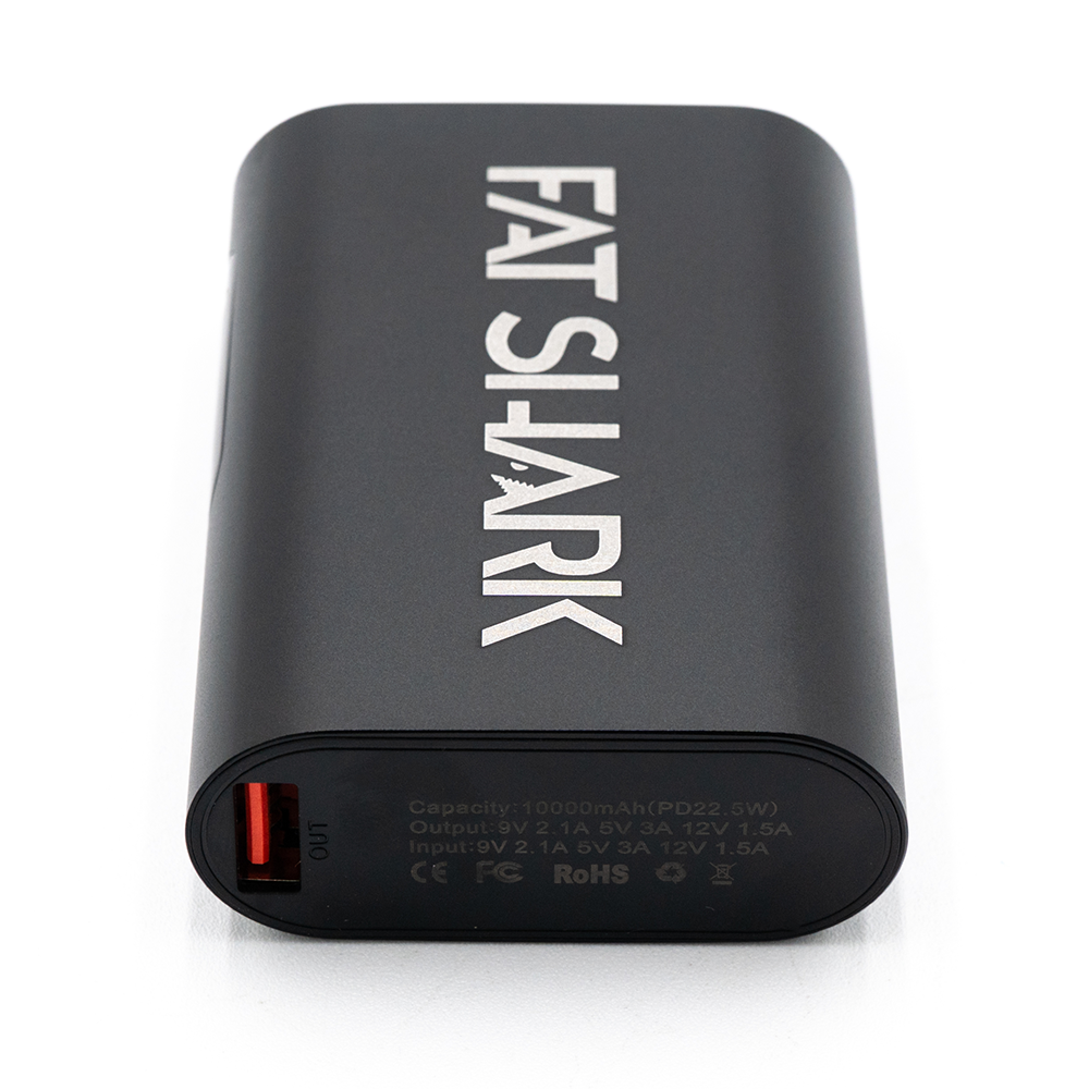 Bottom view of power bank with printed specs label and USB-A output port
