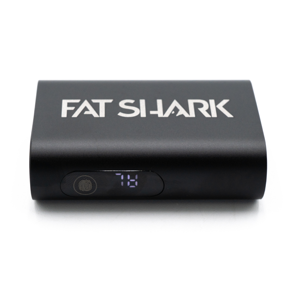 Fat Shark battery power bank front view with LED percentage display and power button
