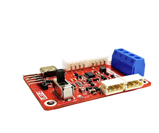 Feetech FE-URT-2 servo interface board with USB port, toggle switch, blue screw terminal, and pin headers