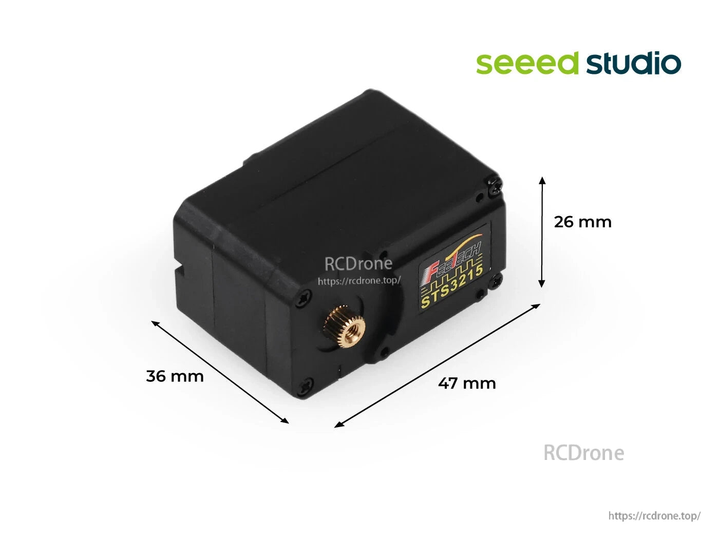 Feetech STS3215 servo: 7.4V, 19.5 kg·cm torque, 1:345 metal gearbox, 12-bit encoder, compact 47×36×26 mm design.