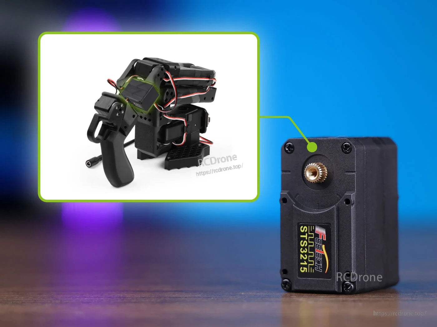 Feetech ST3215 C044 Servo, Feetech ST3215 servo: 7.4V, 27.4 kg·cm torque, 1:191 gear ratio, 12-bit sensor, serial bus, compact with visible wiring and mounts.