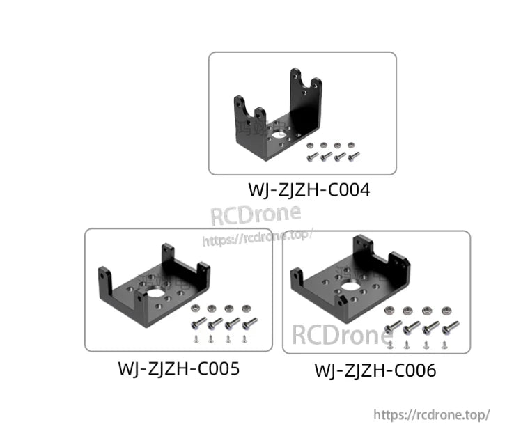 Feetech ST3215 C044 Servo, Three black servo motor brackets (WJ-ZJZH-C004/5/6) with screws for assembly.