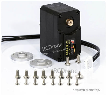 Feetech STS3215 C018 Servo, Feetech STS3215 servo motor offers high torque, mounting hardware, and connectors for robotic arms.