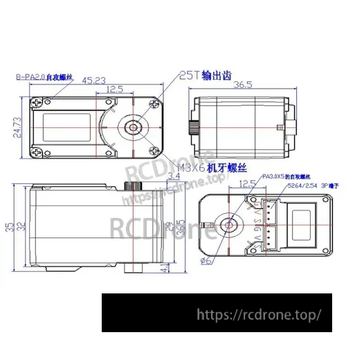 Feetech STS3215 C018 Servo, Precise servo motor assembly specs: 25T gear, M3x6 screws, PA2.0 self-tapping screws, and 3P connector.