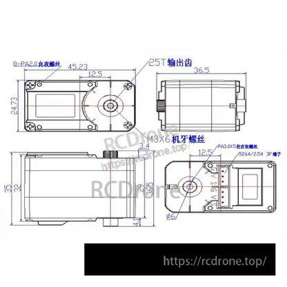 Feetech STS3215 C018 Servo, Precise servo motor assembly specs: 25T gear, M3x6 screws, PA2.0 self-tapping screws, and 3P connector.