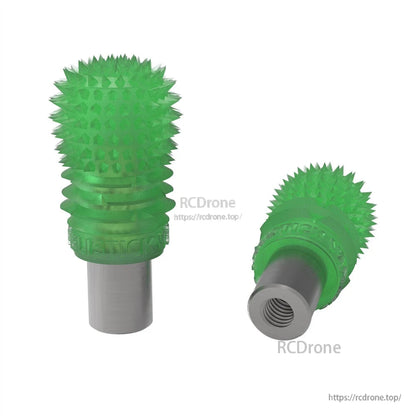 Green translucent spiked stick end with threaded metal insert, upright and angled views