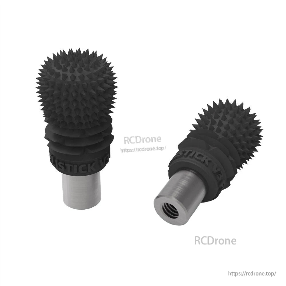 Black spiked transmitter stick end with threaded metal insert, upright and side view
