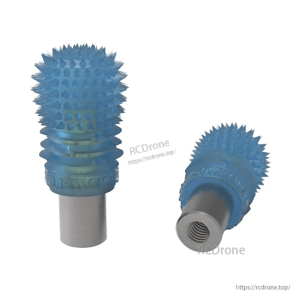Blue translucent spiked stick end with threaded metal insert, upright and angled views